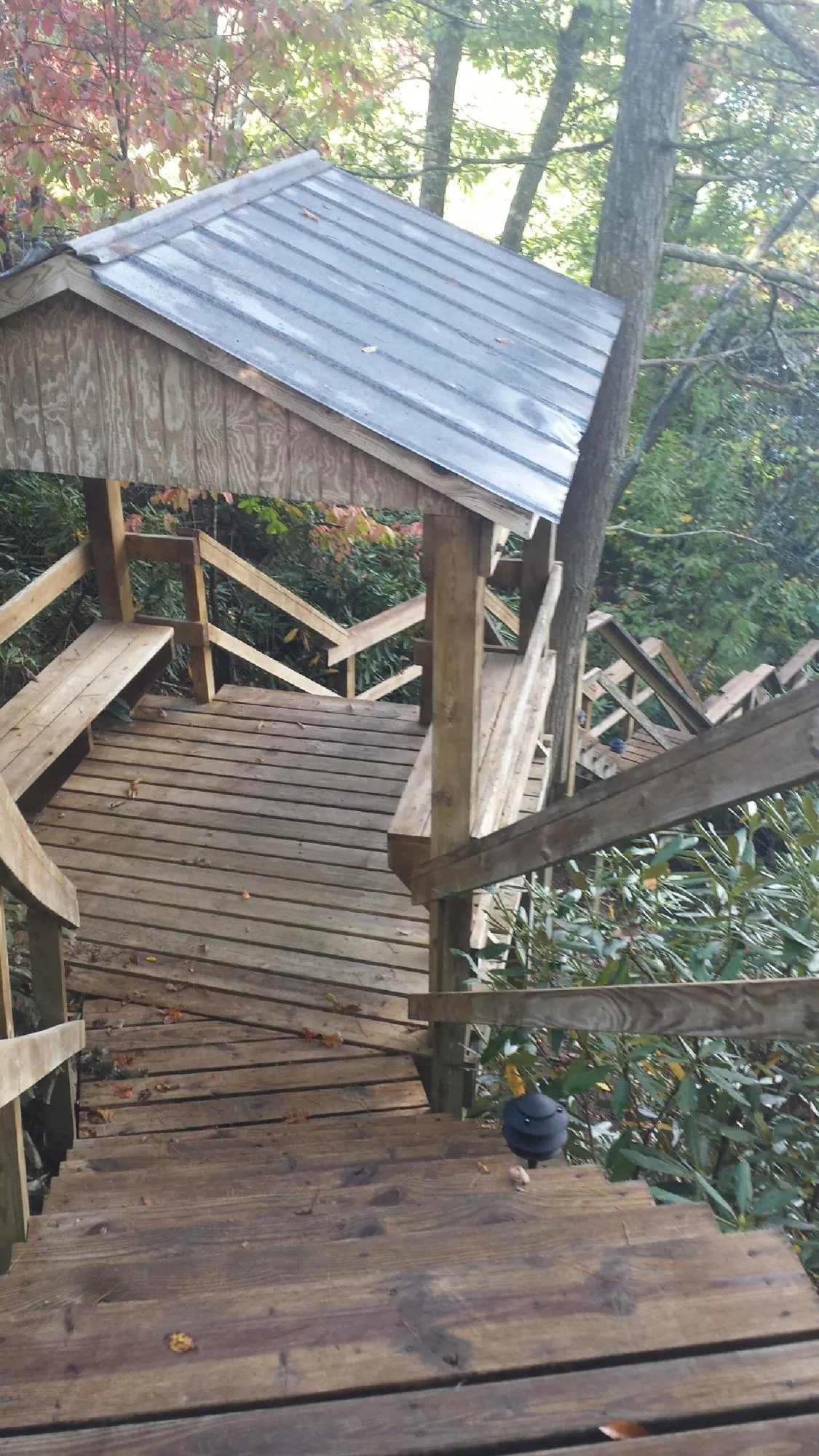Metal roofed shelter over wooden steps on a wooded walkway — Skylight Repair & Installation work by our crew in Dalton